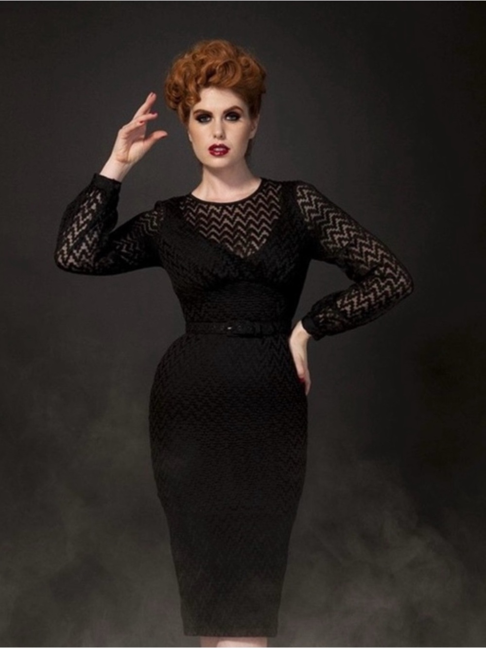 Pinup Couture x Laura Byrnes Lisa Black Lace Long Sleeve Wiggle Dress